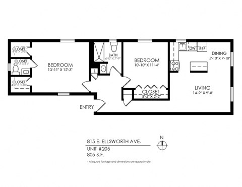 Floor plan for 2 beds, 1.5 baths, 805 sqft